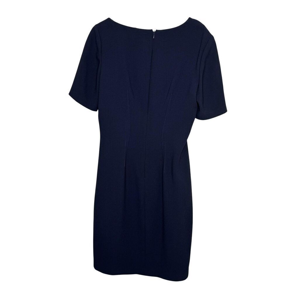 Elie Tahari Dress Size 6 Navy Blue Leather Asymmetrical Neck Sheath Knee Length - Picture 3 of 11